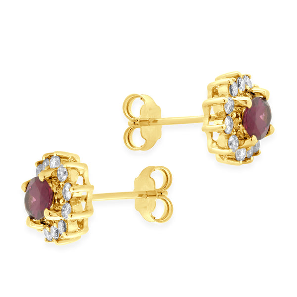 14 Karat Yellow Gold Rubellite Tourmaline and Diamond Stud Earrings