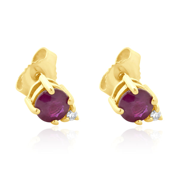 14 Karat Yellow Gold Rubellite Tourmaline and Diamond Stud Earrings