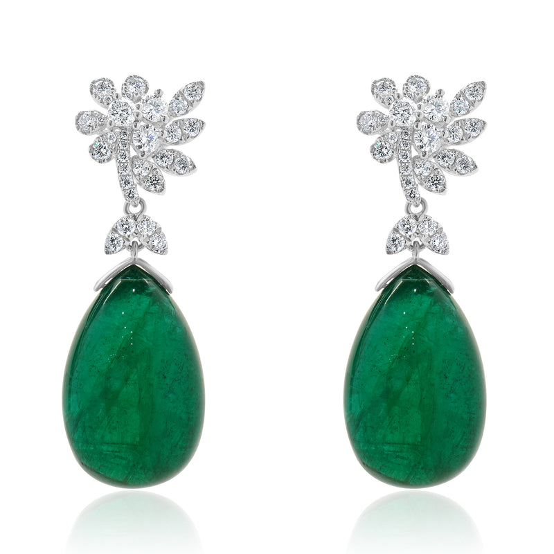 18 Karat White Gold Cabochon Cut Emerald and Diamond Drop Earrings