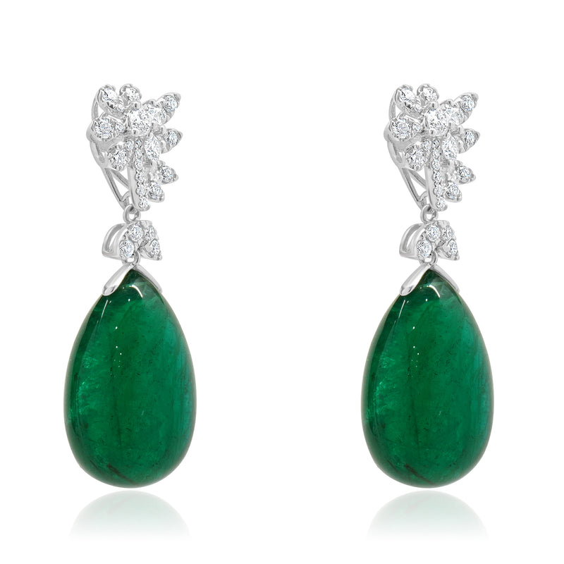 18 Karat White Gold Cabochon Cut Emerald and Diamond Drop Earrings