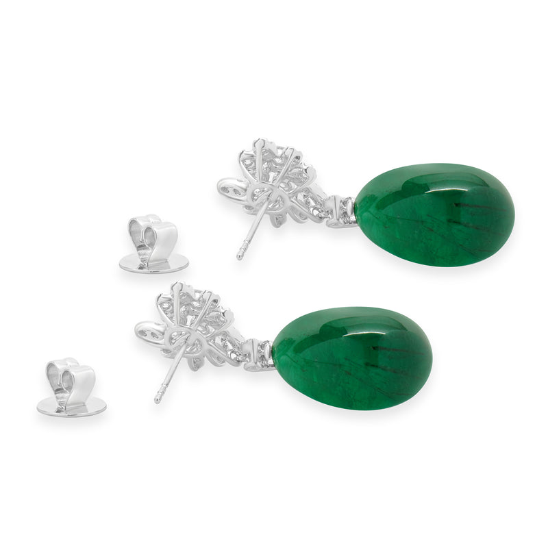 18 Karat White Gold Cabochon Cut Emerald and Diamond Drop Earrings