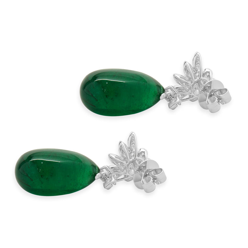 18 Karat White Gold Cabochon Cut Emerald and Diamond Drop Earrings