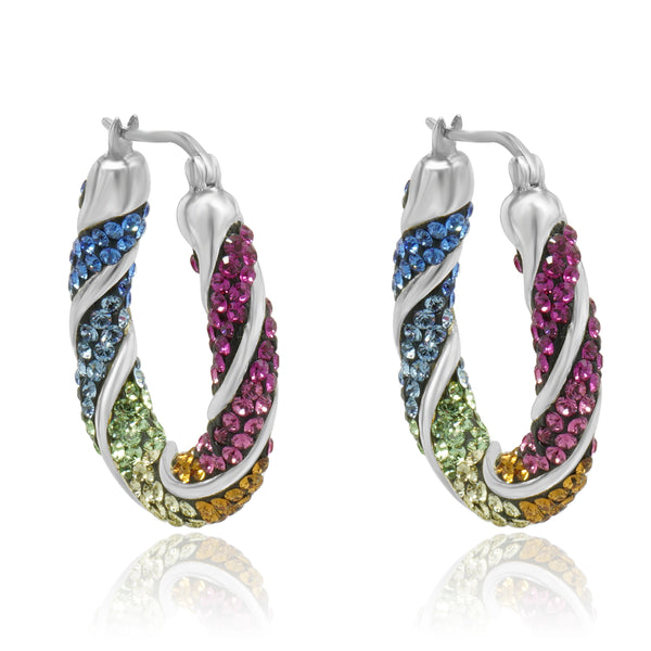 Sterling Silver Pave Multi Colored Rhinestone Hoop Earrings