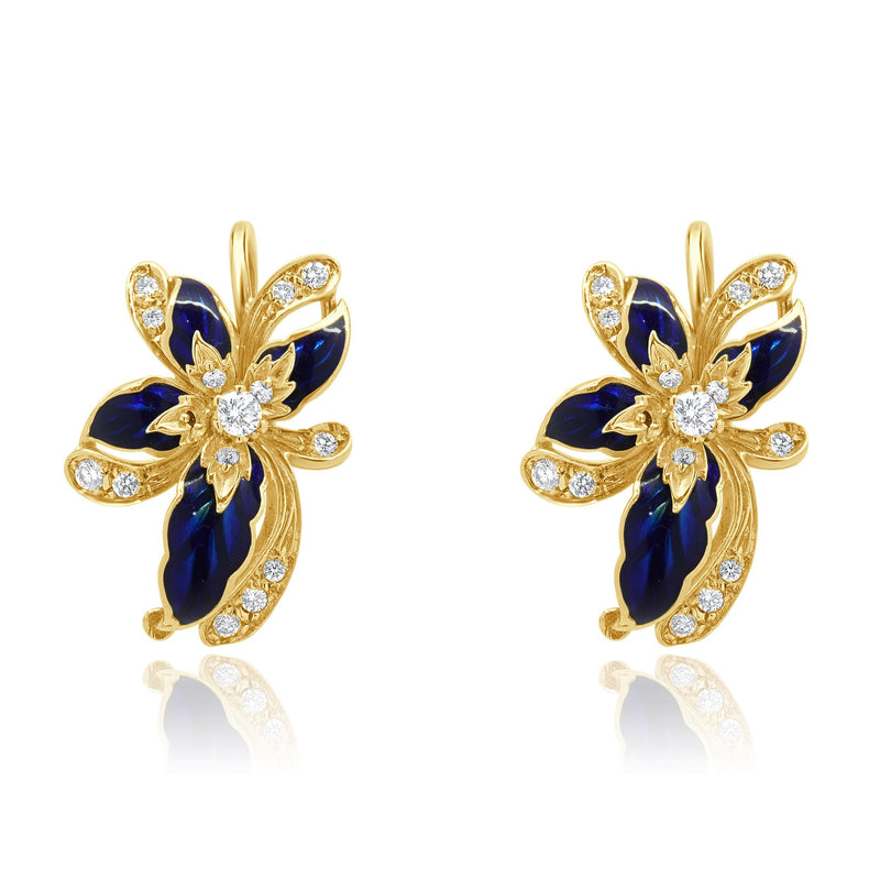 18 Karat Yellow Gold Vintage Blue Enamel and Diamond Spray Earrings