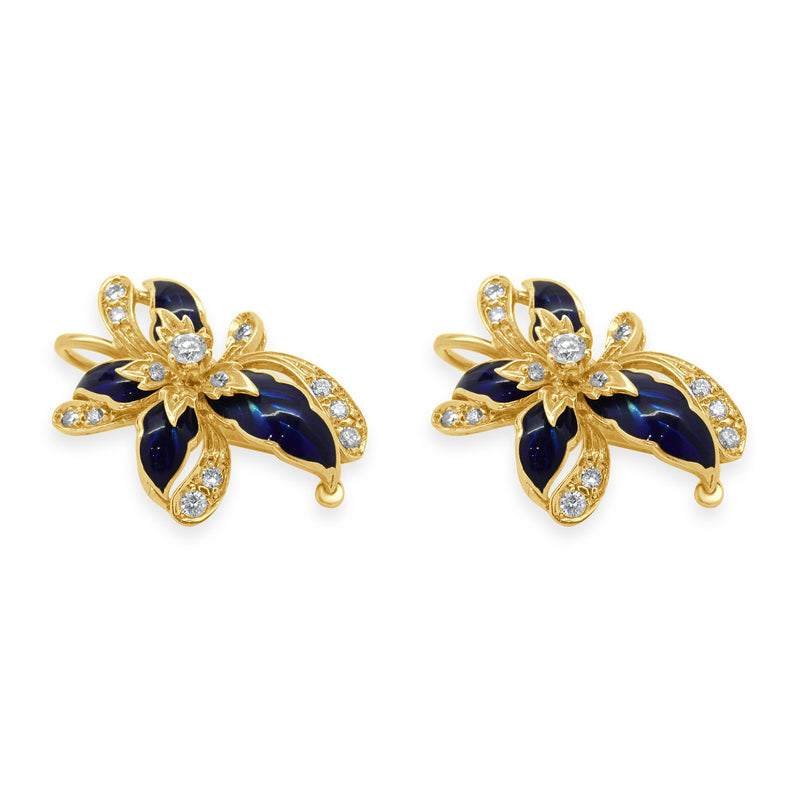 18 Karat Yellow Gold Vintage Blue Enamel and Diamond Spray Earrings