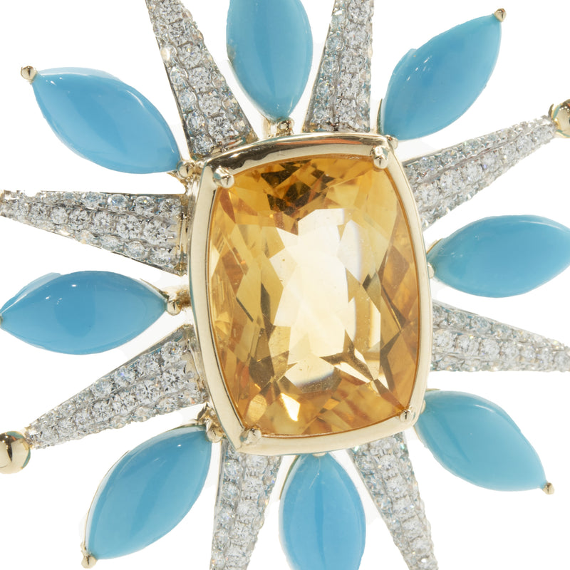 14 Karat Yellow Gold Citrine, Turquoise, and Pave Diamond Celestial Star Pendant