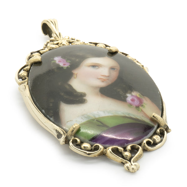 14 Karat Yellow Gold Hand Painted Porcelain Pendant