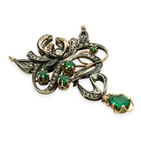 14 Karat Yellow Gold & Sterling Silver Vintage Art Nouveau Diamond and Emerald Pendant