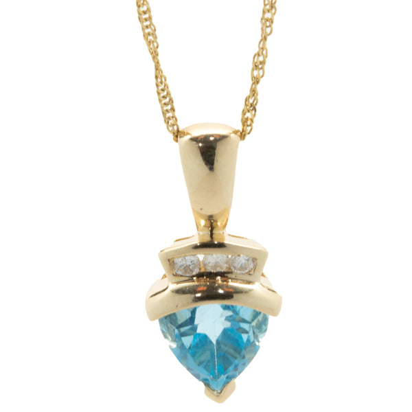 14 Karat Yellow Gold Trillion Cut Blue Topaz and Diamond Necklace