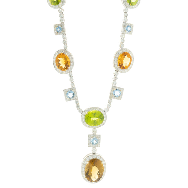 18 Karat White Gold Peridot, Citrine, Blue Topaz, and Diamond Drop Necklace