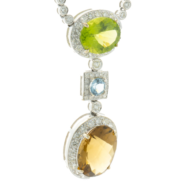 18 Karat White Gold Peridot, Citrine, Blue Topaz, and Diamond Drop Necklace