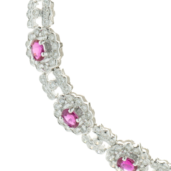 18 Karat White Gold Ruby and Diamond Halo Collar Necklace