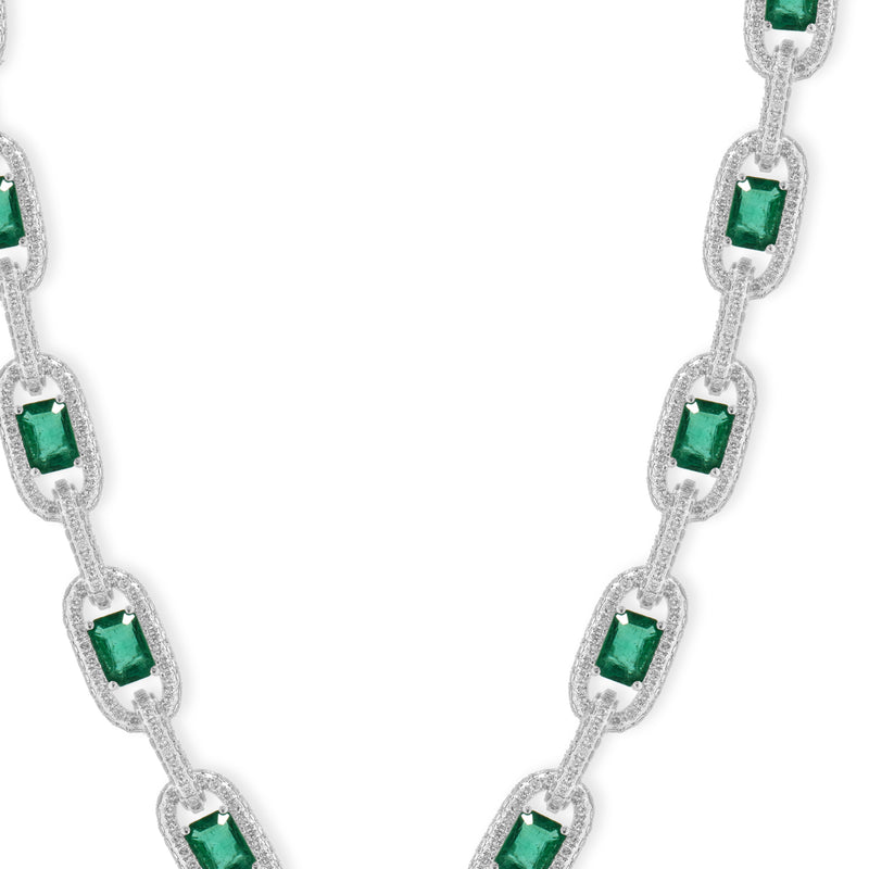 14 Karat White Gold Emerald and Diamond Oval Link Necklace