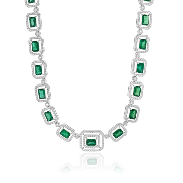 14 Karat White Gold Emerald and Diamond Square Link Necklace