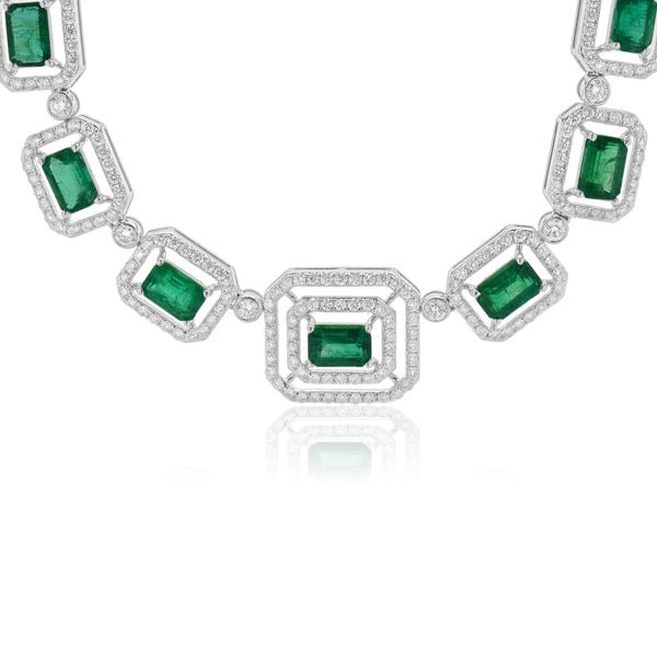 14 Karat White Gold Emerald and Diamond Square Link Necklace