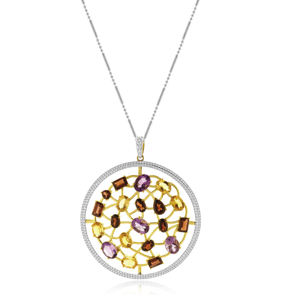 14 Karat Two Tone Multi-Gemstone and Diamond Circle Pendant Necklace