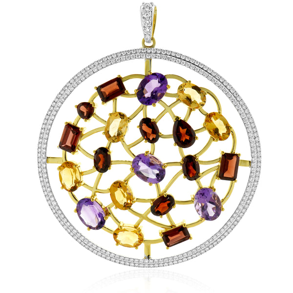 14 Karat Two Tone Multi-Gemstone and Diamond Circle Pendant Necklace