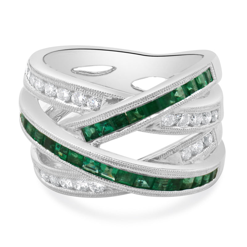 14 Karat White Gold Emerald and Diamond Double Bypass Ring