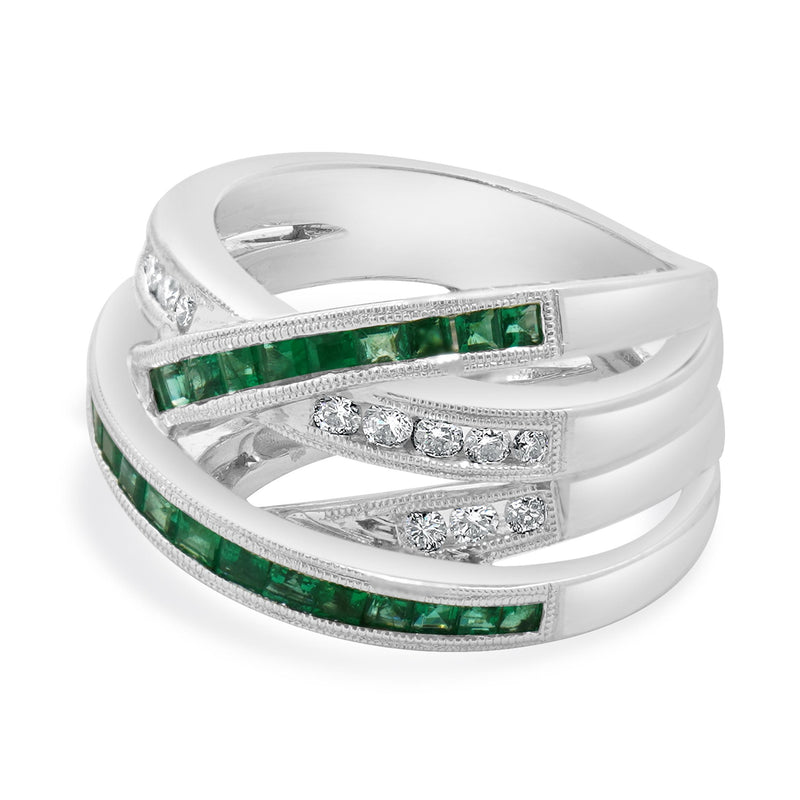 14 Karat White Gold Emerald and Diamond Double Bypass Ring