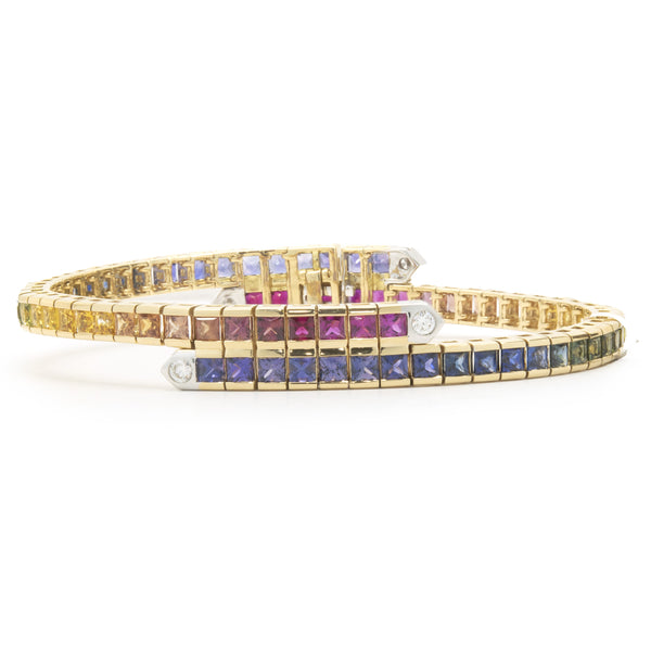 18 Karat Yellow Gold Rainbow Sapphire and Diamond Bypass Bracelet