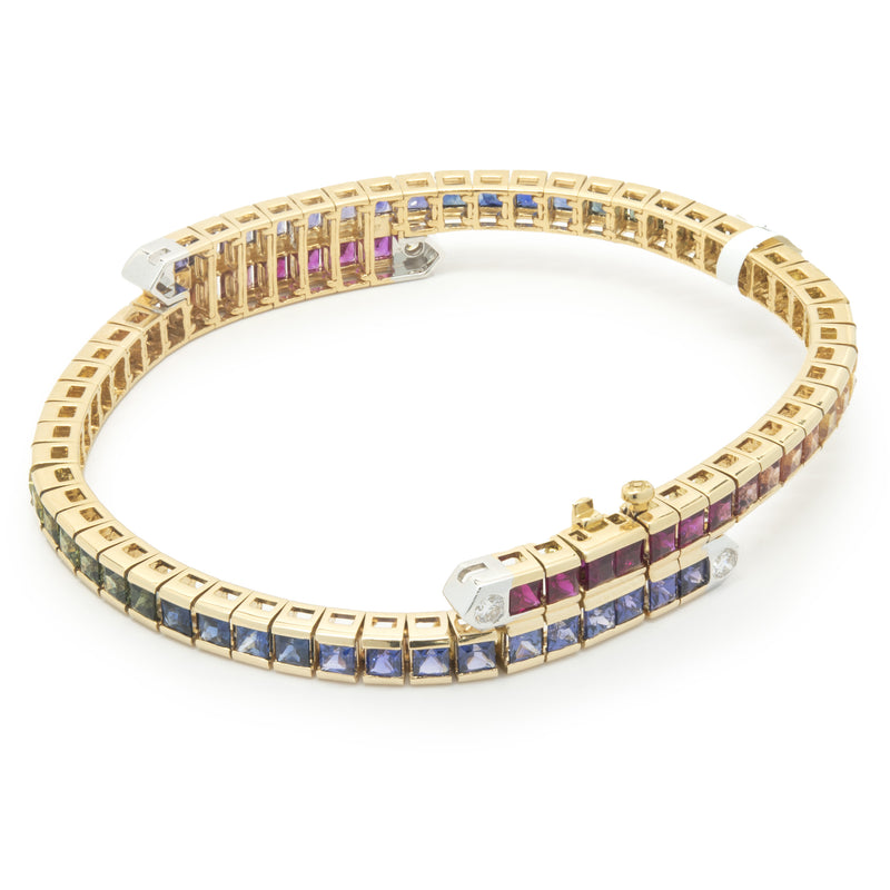 18 Karat Yellow Gold Rainbow Sapphire and Diamond Bypass Bracelet
