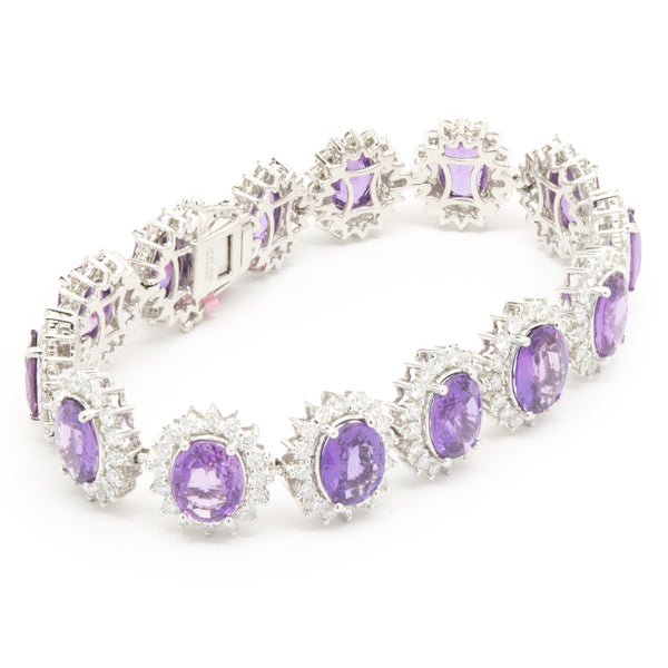 18 Karat White Gold No Heat Purple Sapphire and Diamond Halo Inline Bracelet