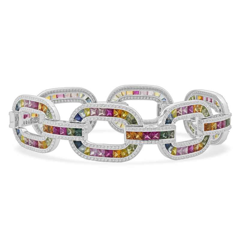 14 Karat White Gold Multi-Colored Sapphire and Diamond Oval Link Bracelet