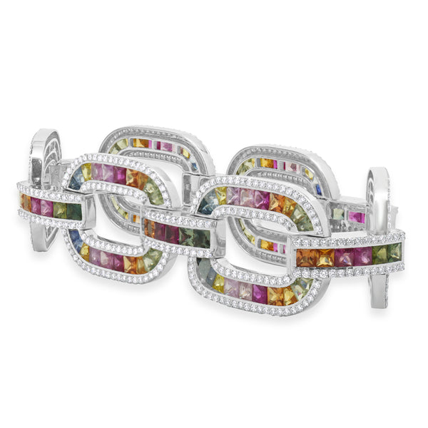 14 Karat White Gold Multi-Colored Sapphire and Diamond Oval Link Bracelet