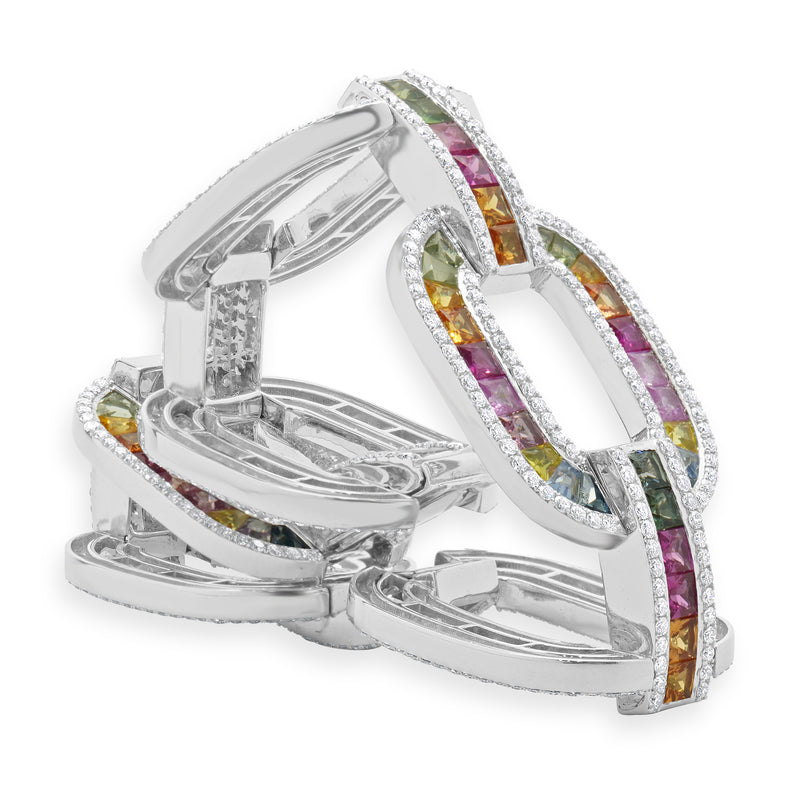 14 Karat White Gold Multi-Colored Sapphire and Diamond Oval Link Bracelet