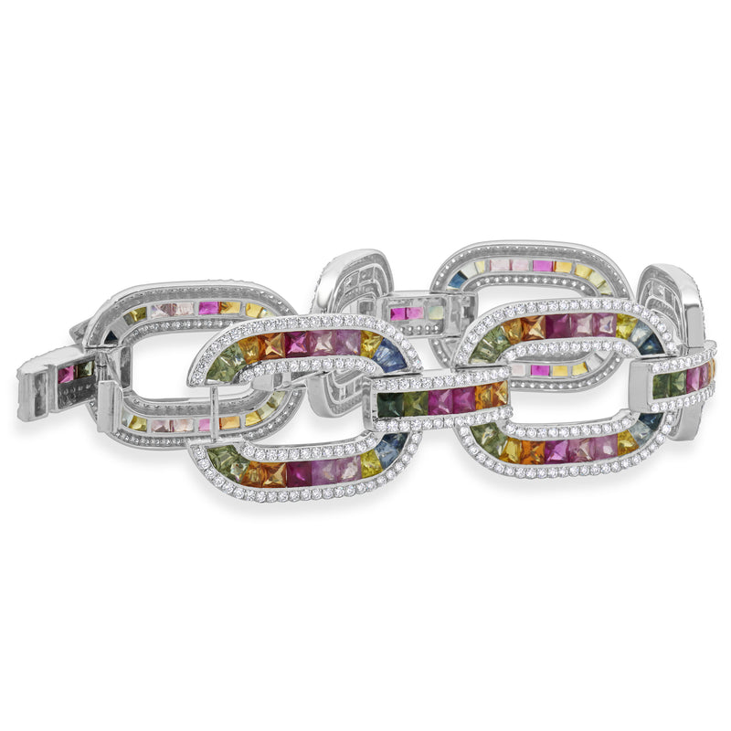 14 Karat White Gold Multi-Colored Sapphire and Diamond Oval Link Bracelet