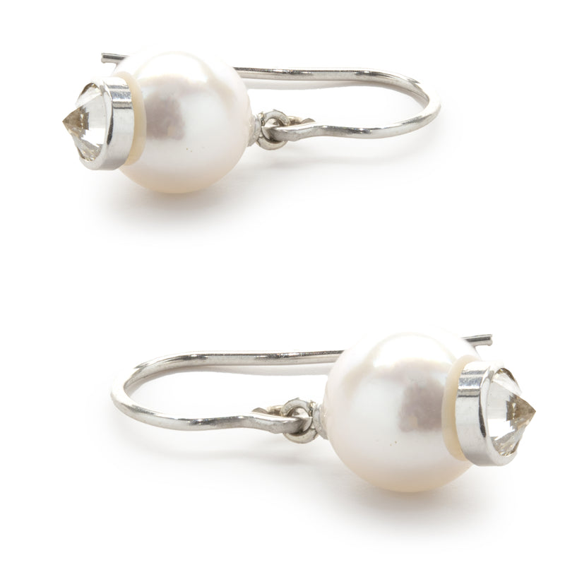 14 Karat White Gold Pearl and Diamond Capped Drop Earrings