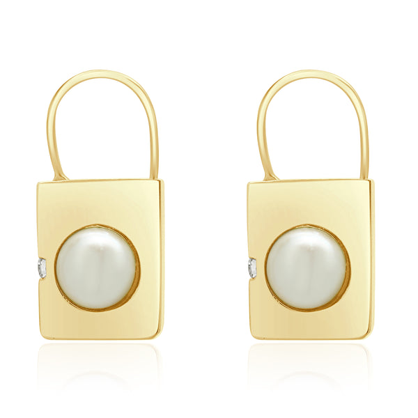 14 Karat Yellow Gold Pearl and Diamond Padlock Earrings