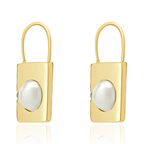 14 Karat Yellow Gold Pearl and Diamond Padlock Earrings