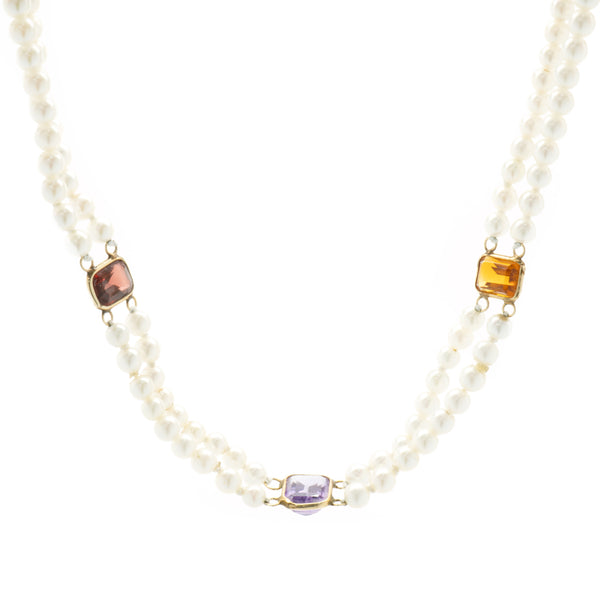 14 Karat Yellow Gold Double Strand Pearl Necklace with Multi Colored Gemstone Stations