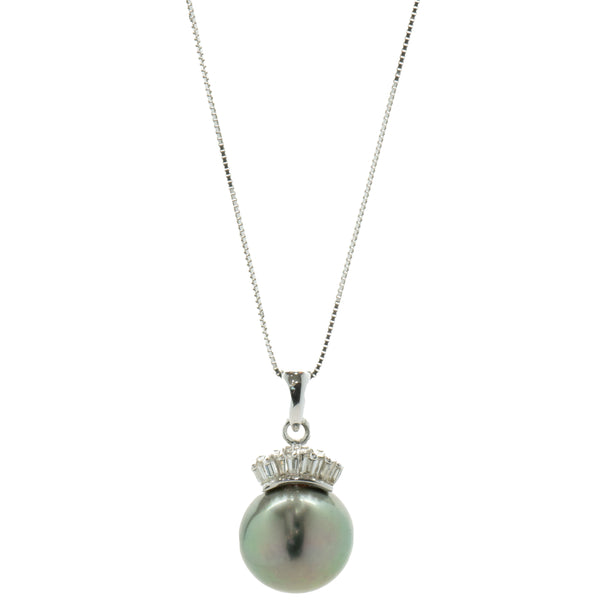 14 Karat White Gold Tahitian Pearl and Diamond Crown Necklace