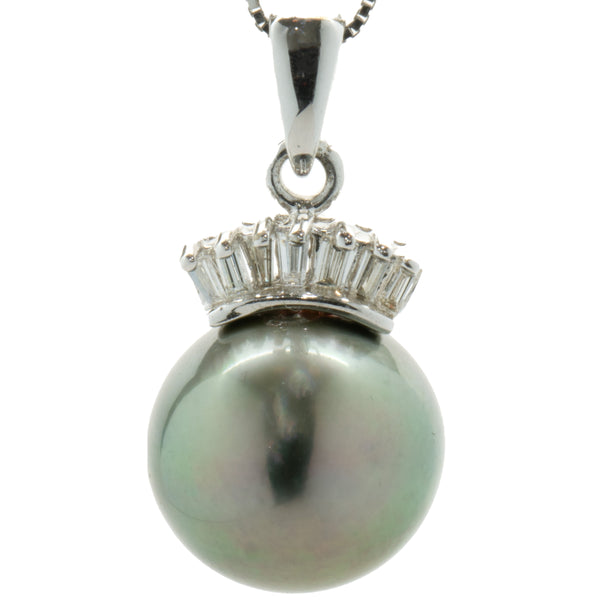 14 Karat White Gold Tahitian Pearl and Diamond Crown Necklace