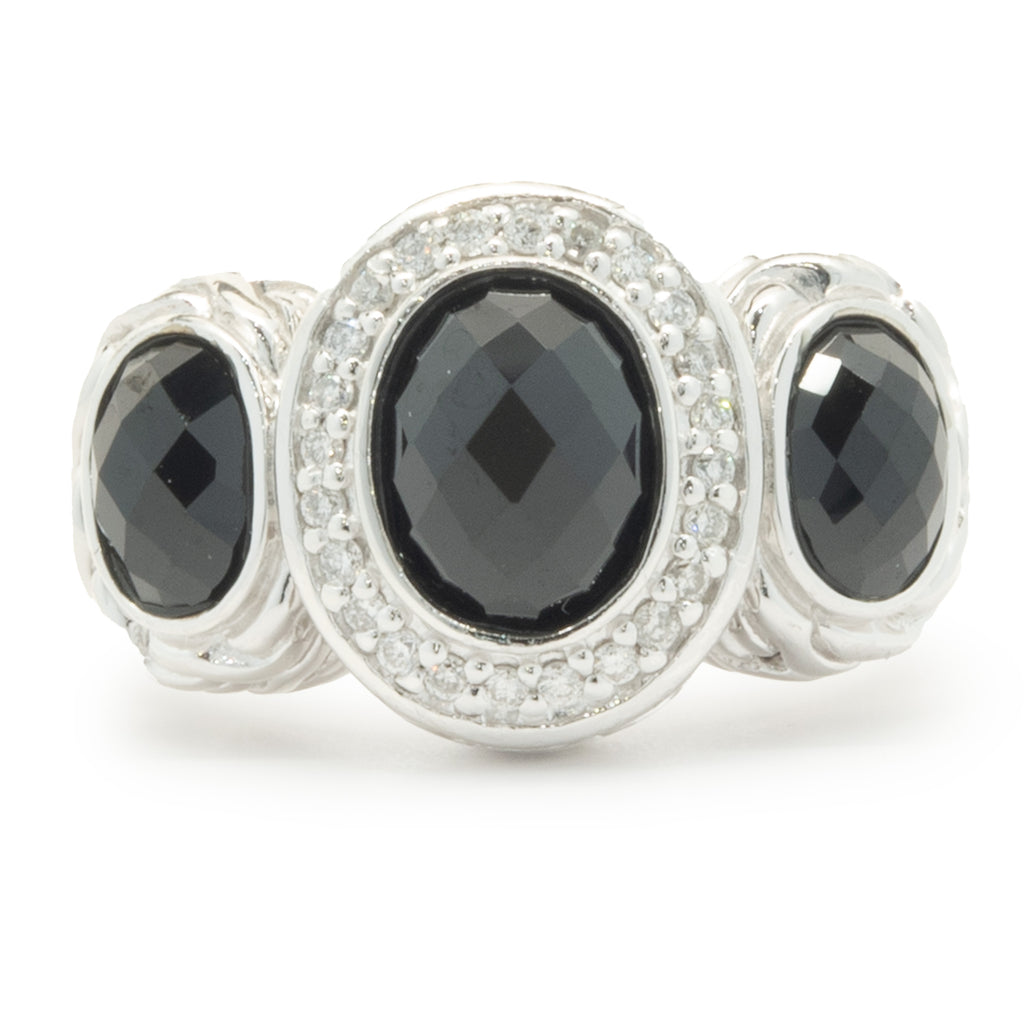 John Hardy Sterling Silver Black Onyx and Diamond Three Stone Ring