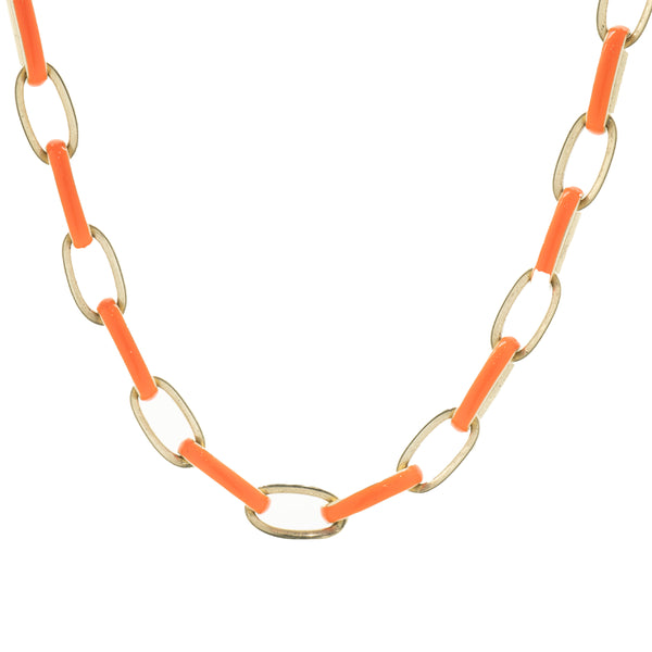 14 Karat Yellow Gold Orange Enamel Oval Link Chain Necklace