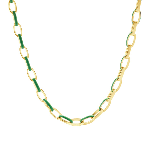 14 Karat Yellow Gold and Green Enamel Oval Link Chain Necklace