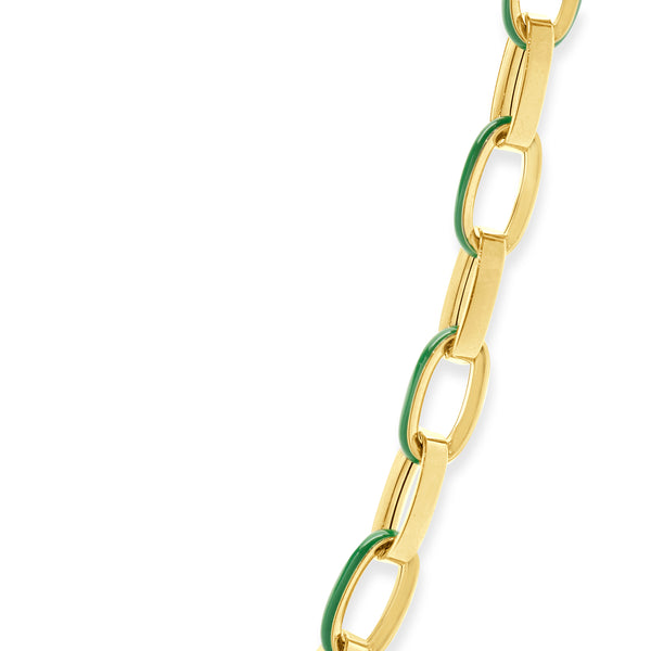 14 Karat Yellow Gold and Green Enamel Oval Link Chain Necklace