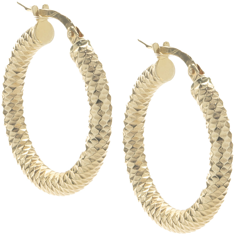 14 Karat Yellow Gold Diamond Cut Hoop Earrings