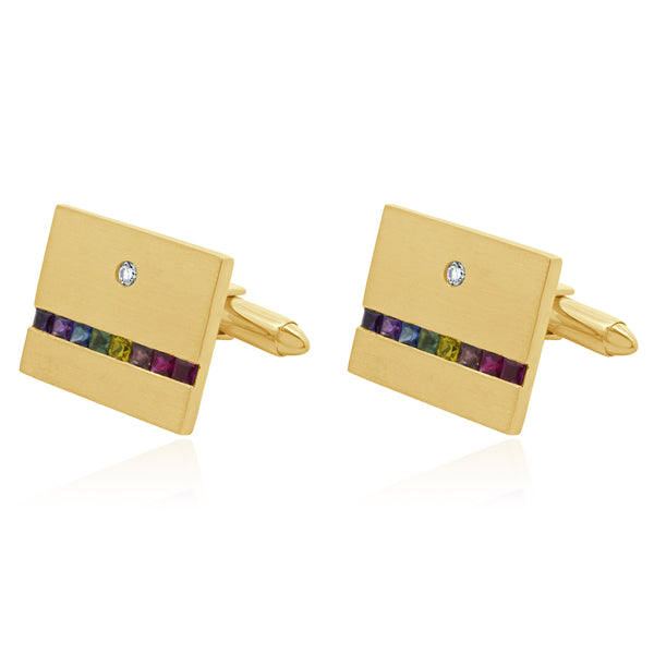 18 Karat Yellow Gold Rainbow Sapphire and Diamond Cufflinks