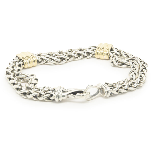 David Yurman Sterling Silver & 18 Karat Yellow Gold Double Row Bracelet with Ribbed Stations