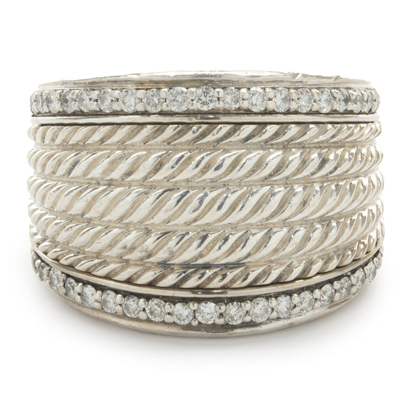 David Yurman Sterling Silver Wide Diamond Cable Ring