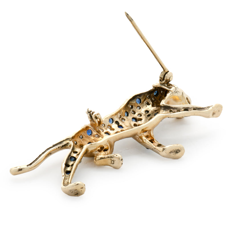 14 Karat Yellow Gold Pave Diamond and Sapphire Panther Pin