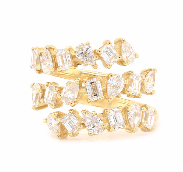 18 Karat Yellow Gold Three Row Pear and Baguette Diamond Bypass Ring