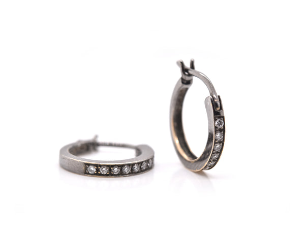 18k White Gold Black Rhodium Diamond Huggie Earrings