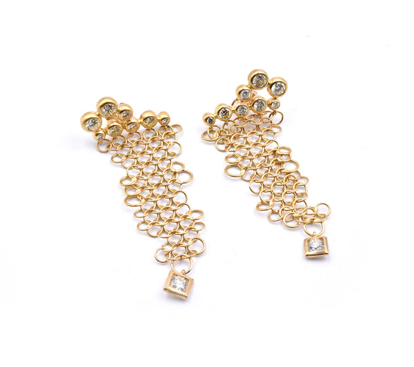 18k Yellow Gold Diamond Mesh Dangle Earrings