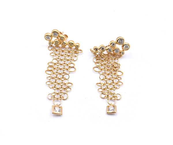 18k Yellow Gold Diamond Mesh Dangle Earrings