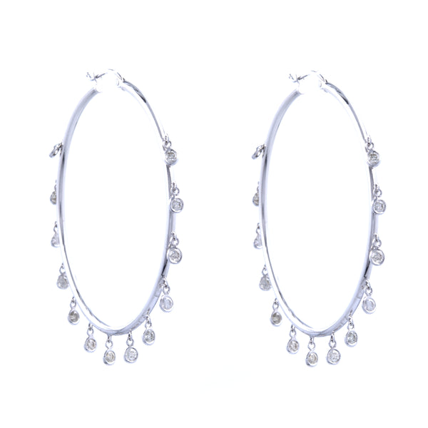 14 Karat White Gold Bezel Set Diamond Hoop Earrings